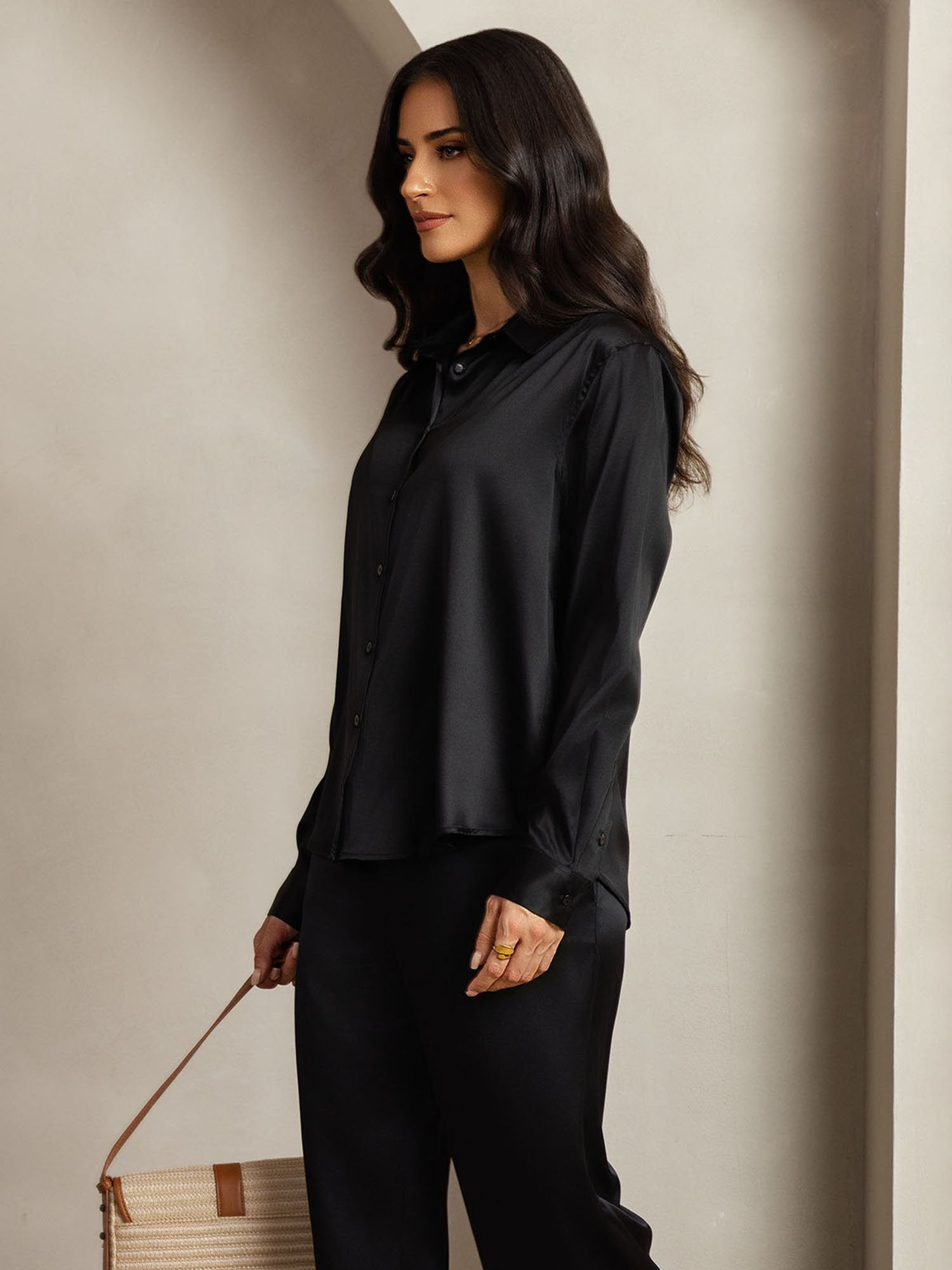 [Schwarz] SilkSilky-DE 19Momme Seide Umlegekragen Women''s Outfit Sets 006