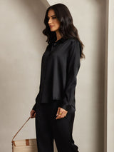 [Schwarz] SilkSilky-DE 19Momme Seide Umlegekragen Women''s Outfit Sets 006,