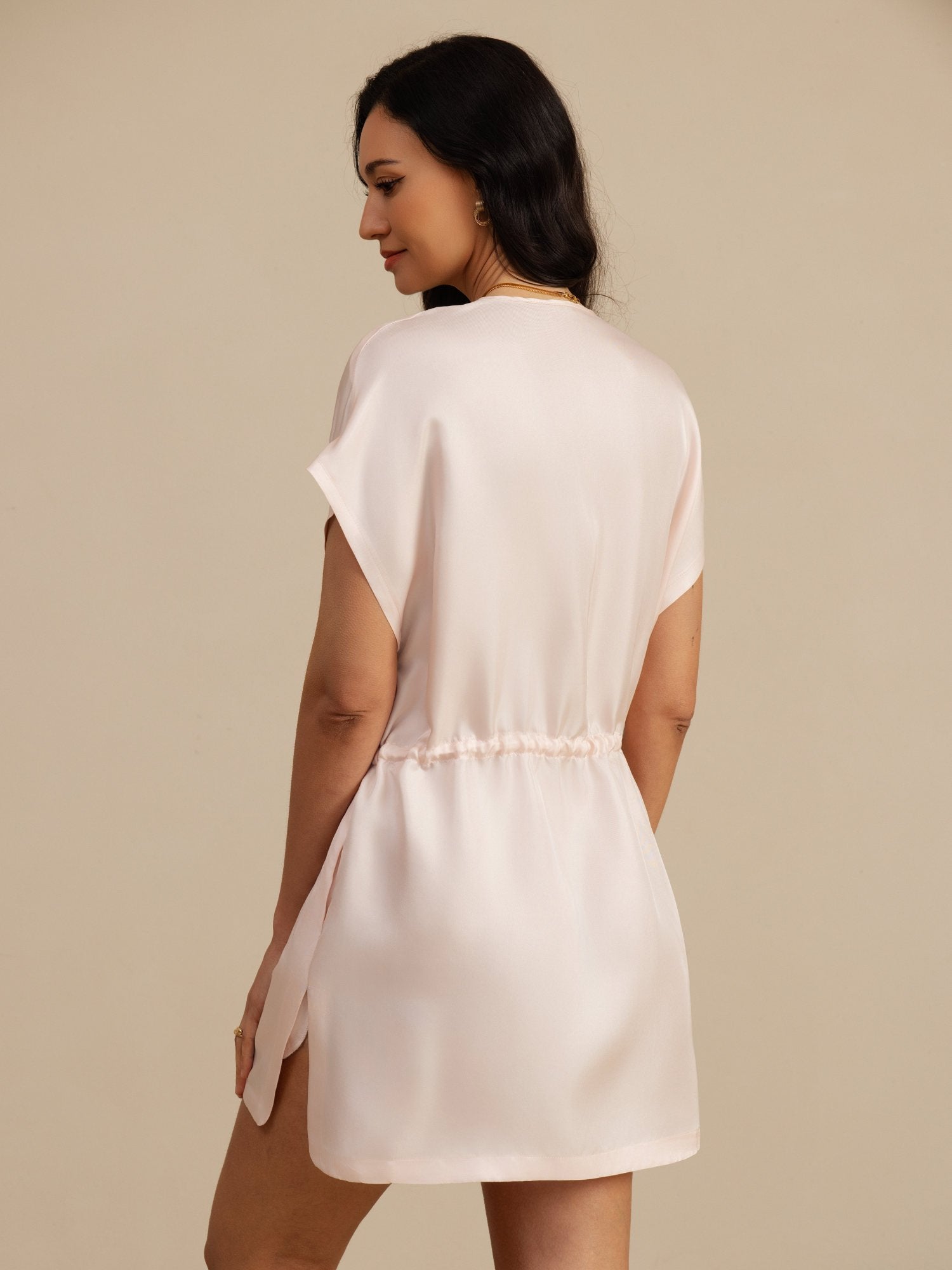 [Rosa] SilkSilky-DE 18Momme Kappenärmel Henley-Ausschnitt Kleider 002