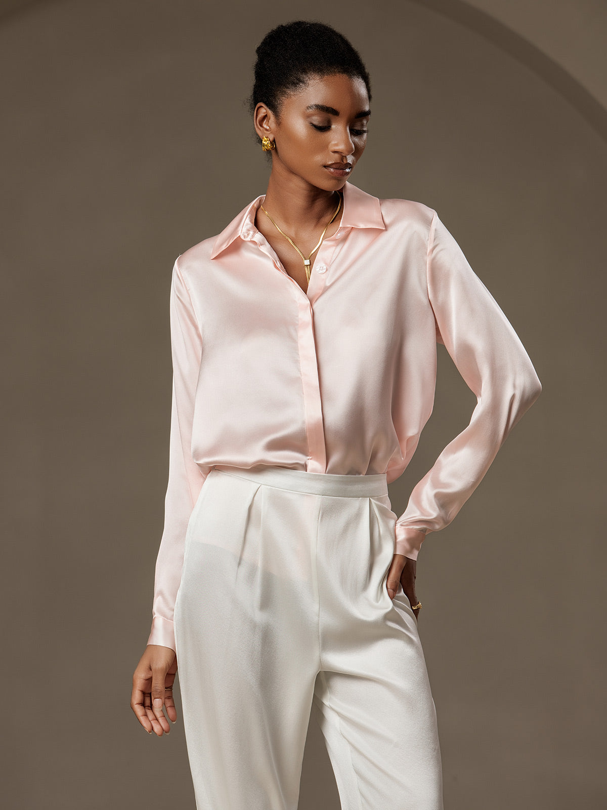 [Rosa] SilkSilky-DE 19Momme Seide Lapel Collar Damenhemd 001
