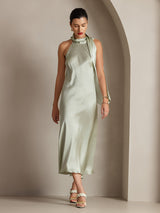 [Hellgrün] SilkSilky-DE 19Momme Stretch Silk Charmeuse Sleeveless Neckholder Kleider 001