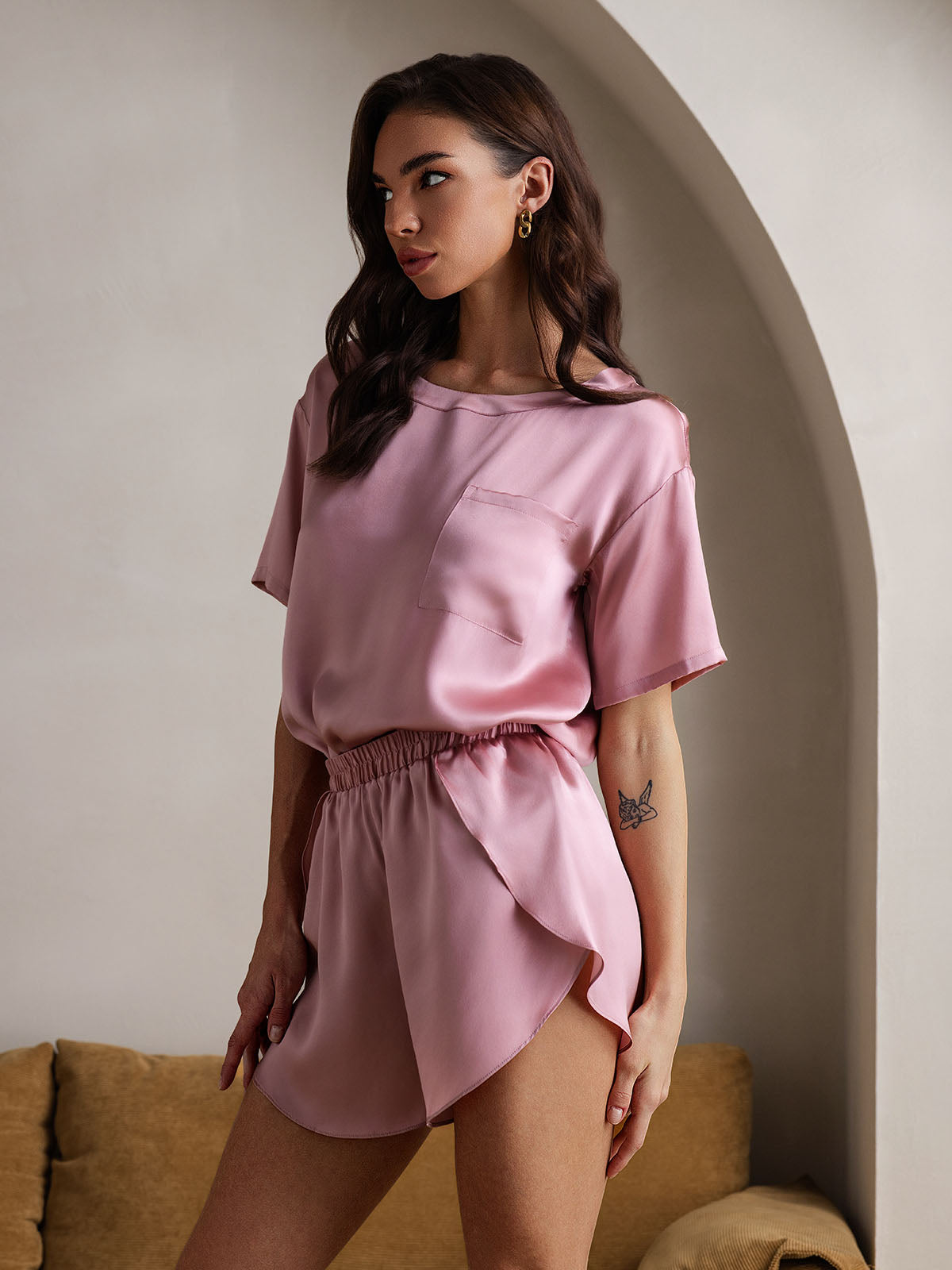 [Blasses Mauve] SilkSilky-DE Reine Seide Womens Pajamas 005