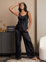 [Schwarz] SilkSilky-DE Ärmellos Eckiger Ausschnitt Camisole-Set 001