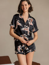 [Schwarz] SilkSilky-DE Short Sleeve Notch-Kragen Damen Pyjamas 001