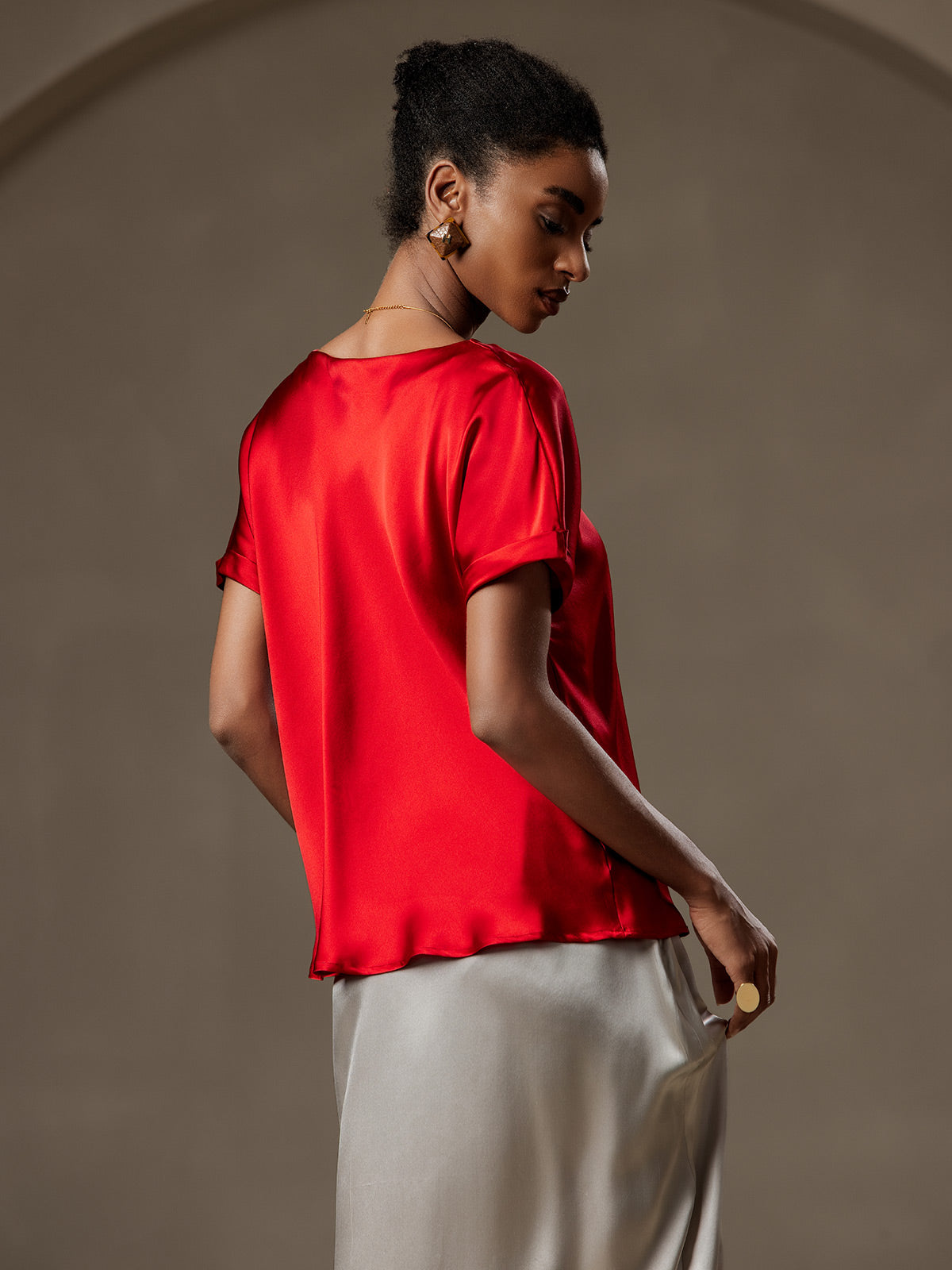 [Rotwein] SilkSilky-DE Short Sleeve Boat Neck T-Shirt 002