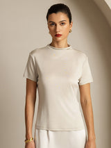[Grau] SilkSilky-DE 100% Silk Jersey Short Sleeve Mock Neck T-Shirt 006