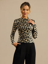 [Leopard] SilkSilky-DE Langärmelig Mock-Ausschnitt T-Shirt 005