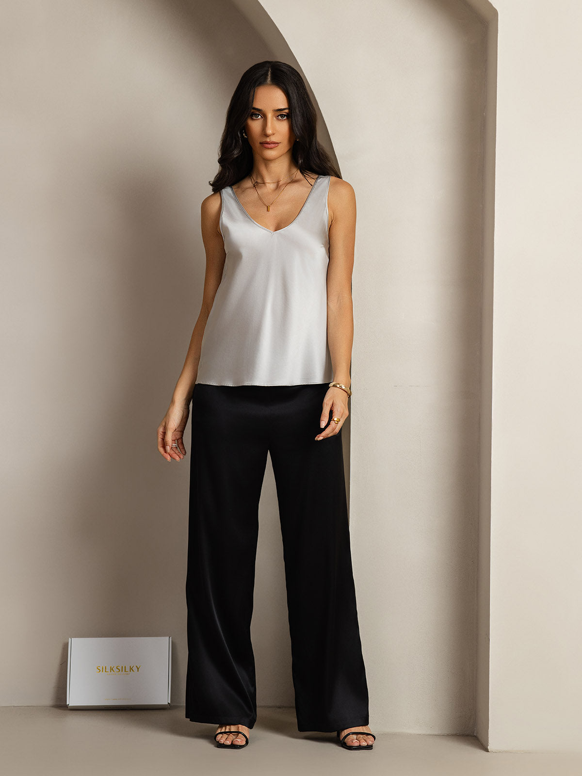 [Silber] SilkSilky-DE 19Momme Seide V Ausschnitt Cami Top 004