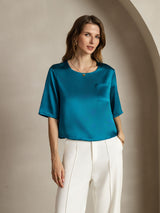 [König Blau] SilkSilky-DE Halblange Ärmel Tiefer Rundhalsausschnitt T-Shirt 004