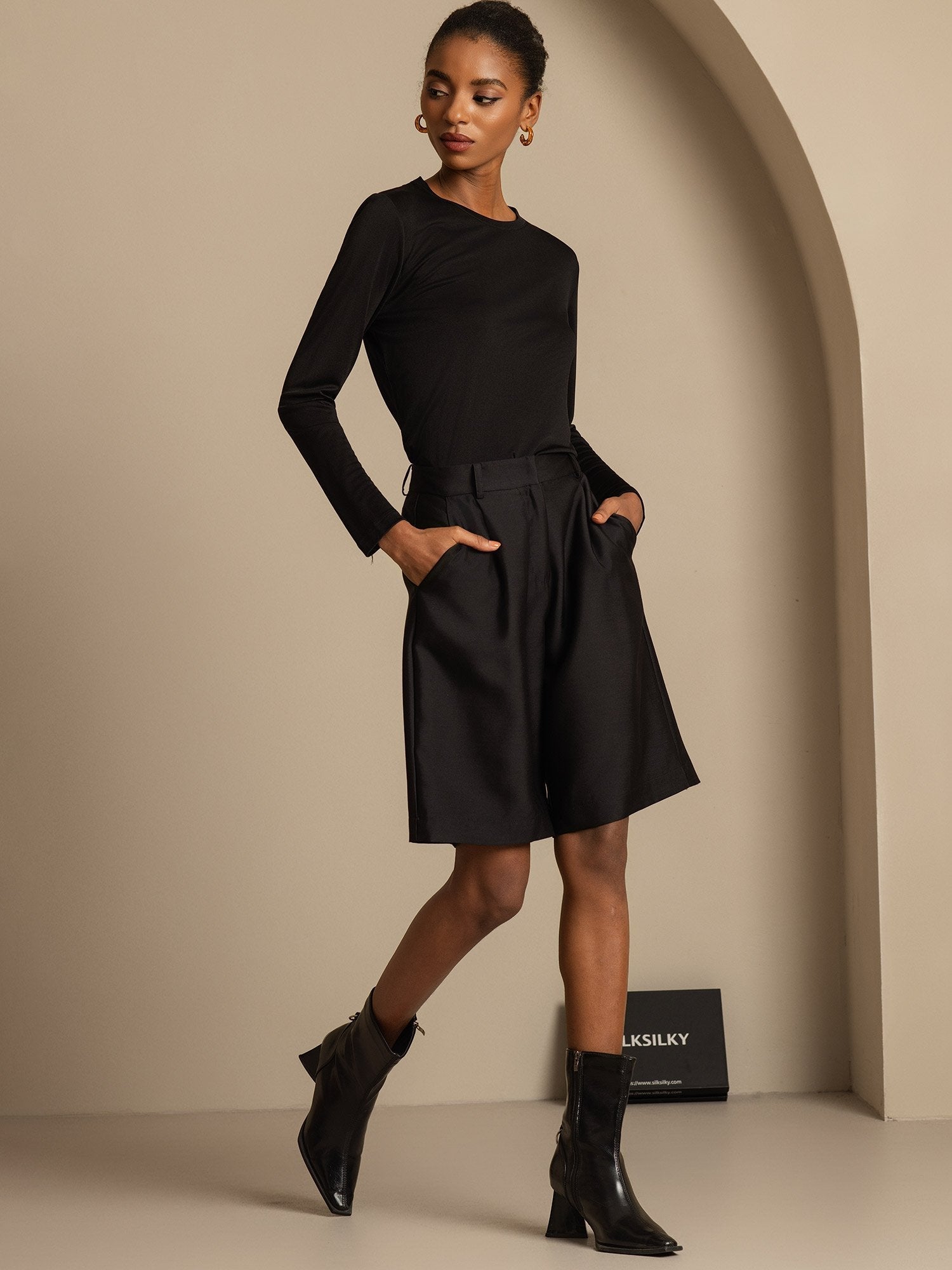 [Schwarz] SilkSilky-DE 32Momme Silk-Wool Blend Womens Shorts 006,