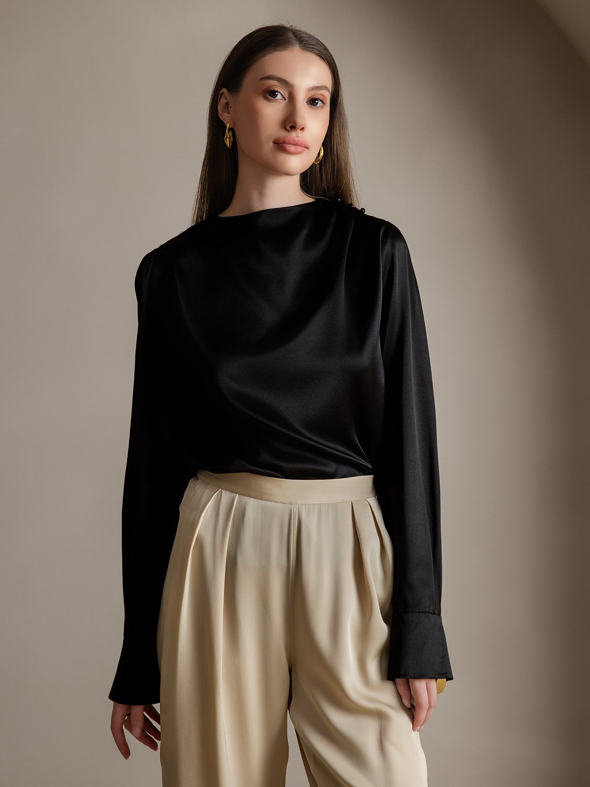 [Schwarz] SilkSilky-DE 19Momme Seide Womens Shirt 001
