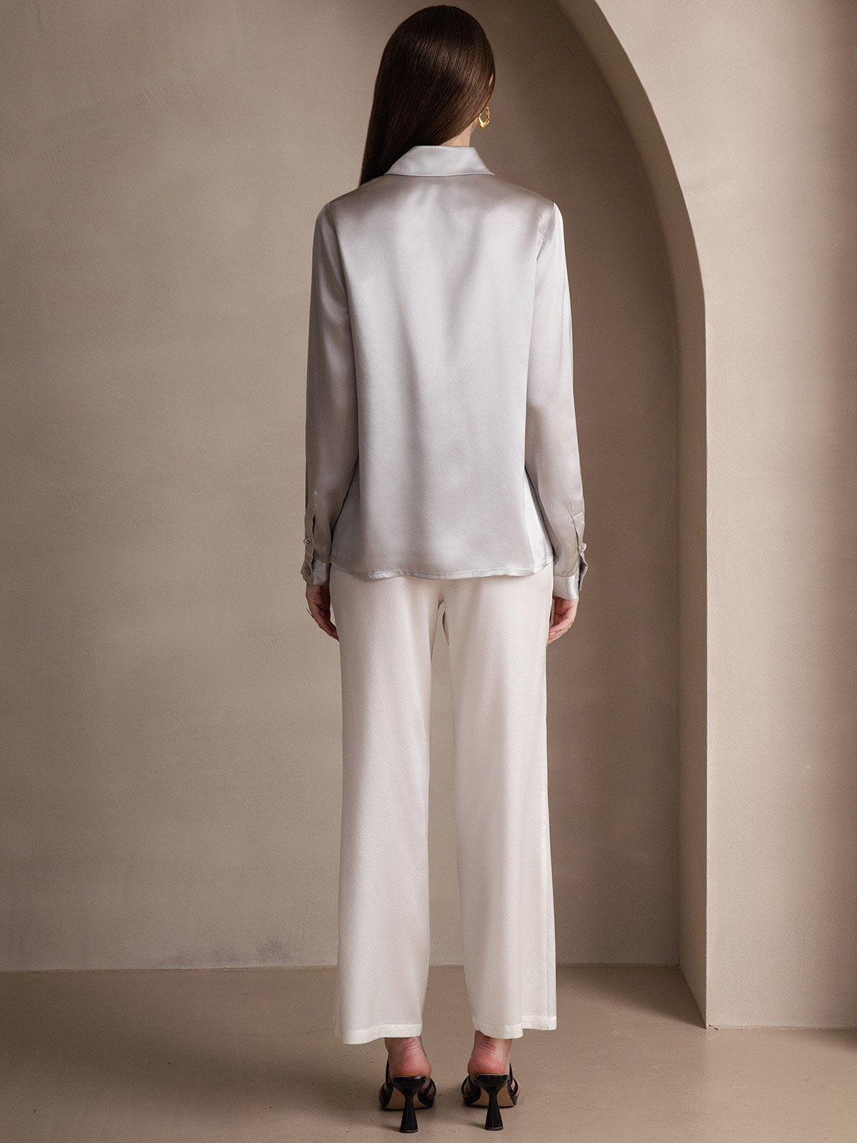 [Hellgrau] SilkSilky-DE 19Momme Seide Langärmelig Umlegekragen Damenhemd 002