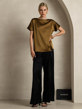 [Braun] SilkSilky-DE 19Momme Kurzärmelig U-Boot-Ausschnitt T-Shirt 001