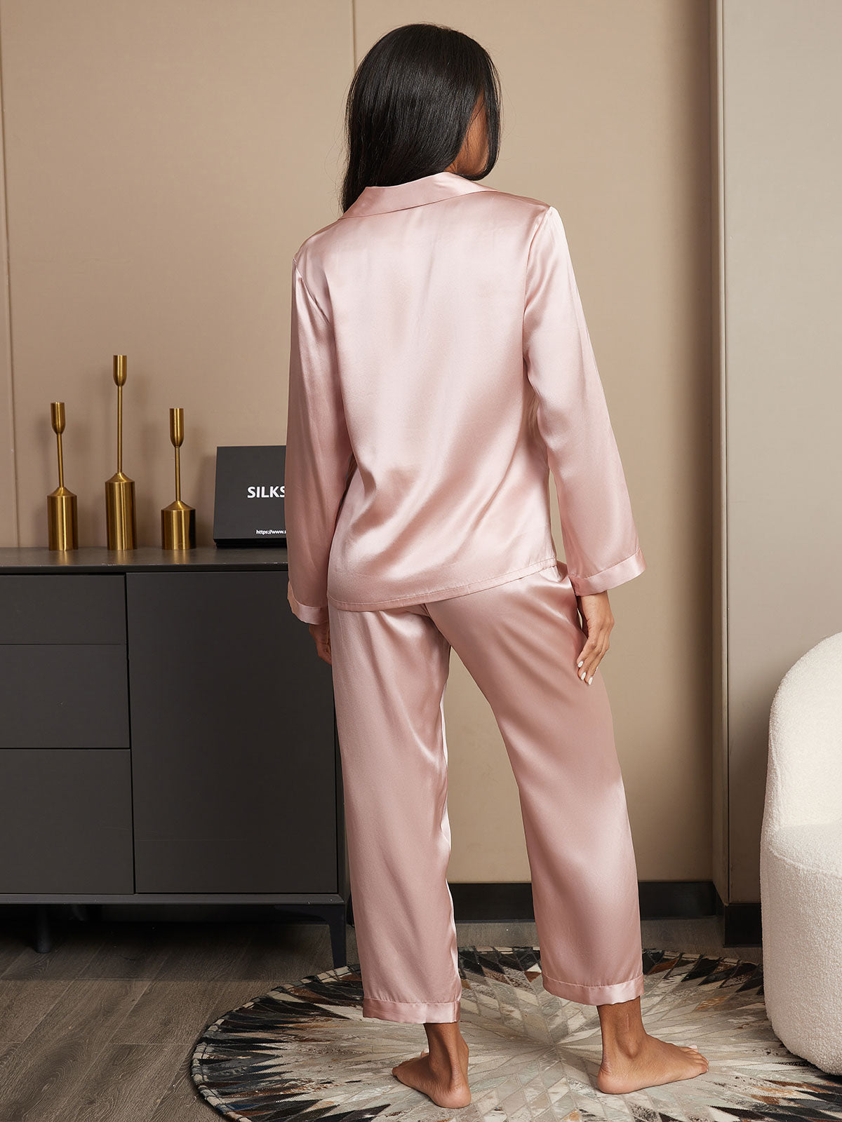 SilkSilky-DE Reine Seide Langärmelig Revers Damen Pyjamas Rosa 002