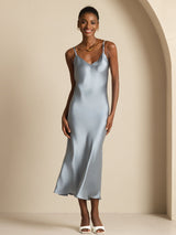 [Graublau] SilkSilky-DE Sleeveless V Neck Kleider 007