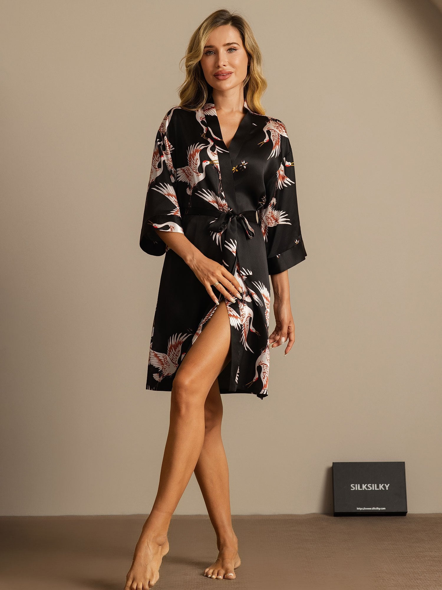 [Schwarz] SilkSilky-DE 19Momme Reine Seide Womens Robe 003