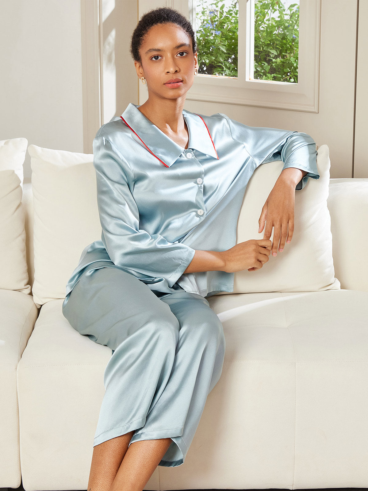 [Hellblau] SilkSilky-DE Reine Seide Langärmelig Umlegekragen Damen Pyjamas 001