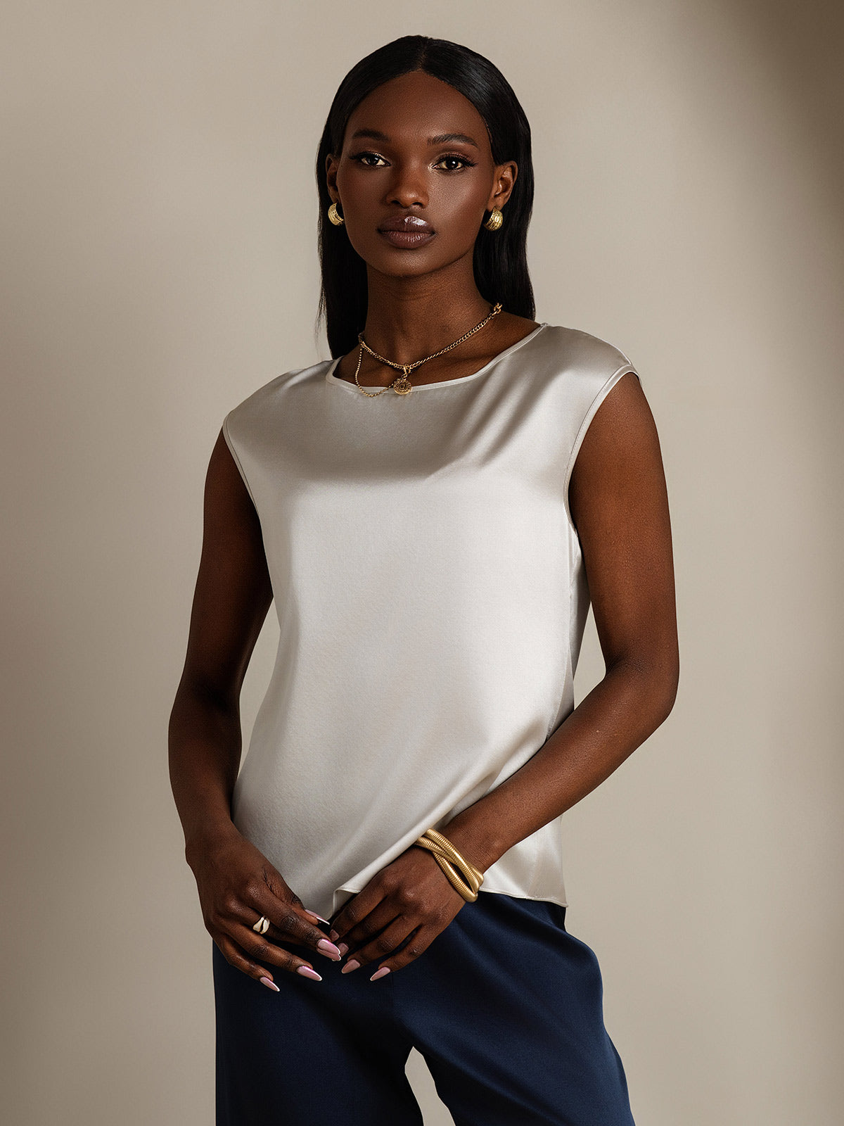 [Hellgrau] SilkSilky-DE 19Momme Seide Womens T-Shirt 003