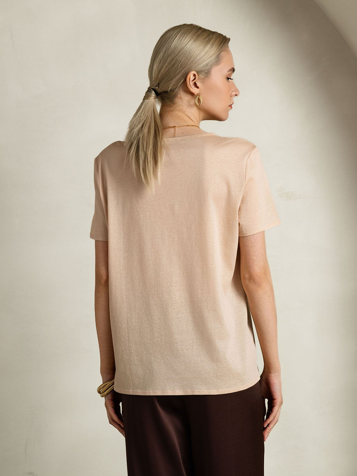 SilkSilky-DE Seide Kurzärmelig U Ausschnitt T-Shirt Beige 002