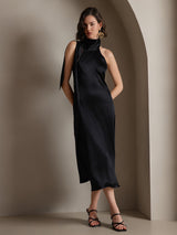 [Schwarz] SilkSilky-DE 19Momme Stretch Silk Charmeuse Sleeveless Neckholder Kleider 006