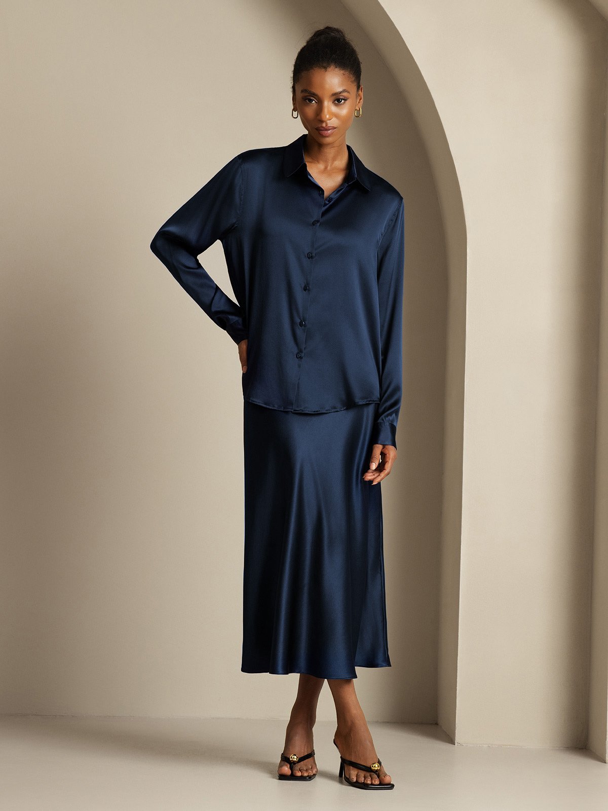 [Dunkelblau] SilkSilky-DE 19Momme Seidenstrick Umlegekragen Women''s Outfit Sets 006,