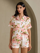 [Weiße Pfingstrose] SilkSilky-DE Short Sleeve Notch Collar Damen Pyjamas 001