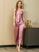 [Blasses Mauve] SilkSilky-DE Ärmellos V Ausschnitt Damen Pyjamas 001