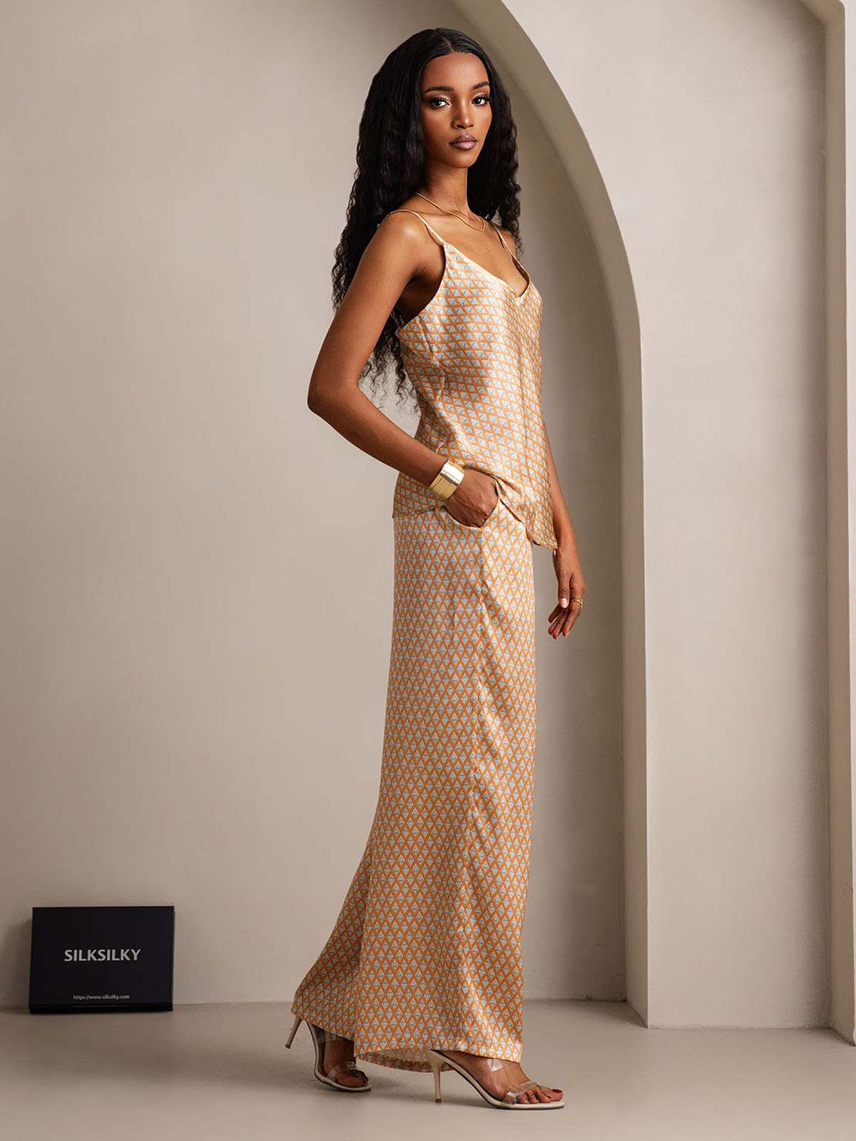 [Floral] SilkSilky-DE Reine Seide V Ausschnitt Camisole-Set 008,