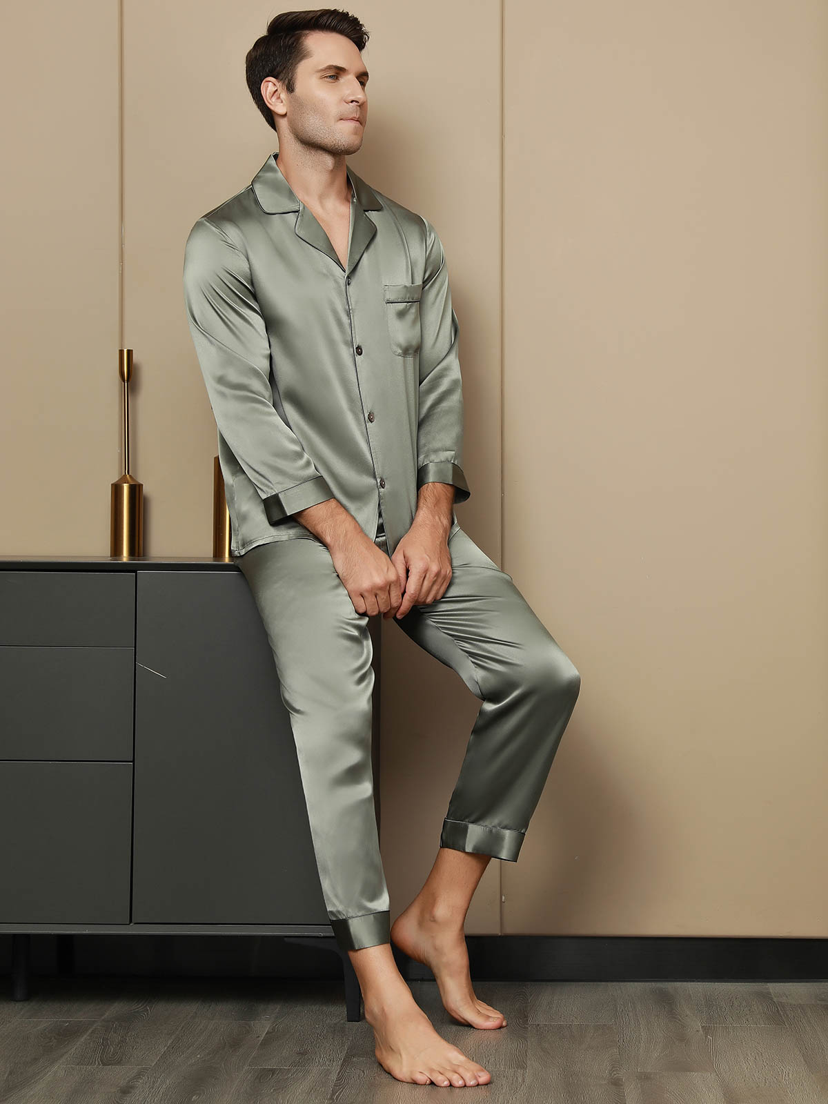 [Graugrün] SilkSilky-DE Reine Seide Mens Pajamas 006