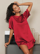 [Rotwein] SilkSilky-DE Kurzärmelig Rundhalsausschnitt Damen Pyjamas 004