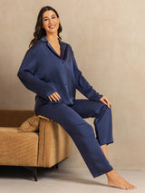 [Dunkelblau] SilkSilky-DE 19Momme Langärmelig Notch-Kragen Damen Pyjamas 008