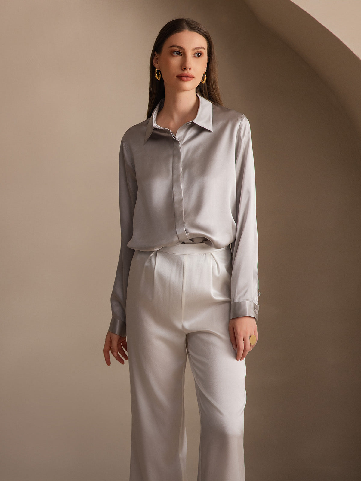 [Hellgrau] SilkSilky-DE 19Momme Seide Lapel Collar Damenhemd 006