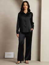 [Schwarz] SilkSilky-DE 19Momme Seide Umlegekragen Women''s Outfit Sets 001,