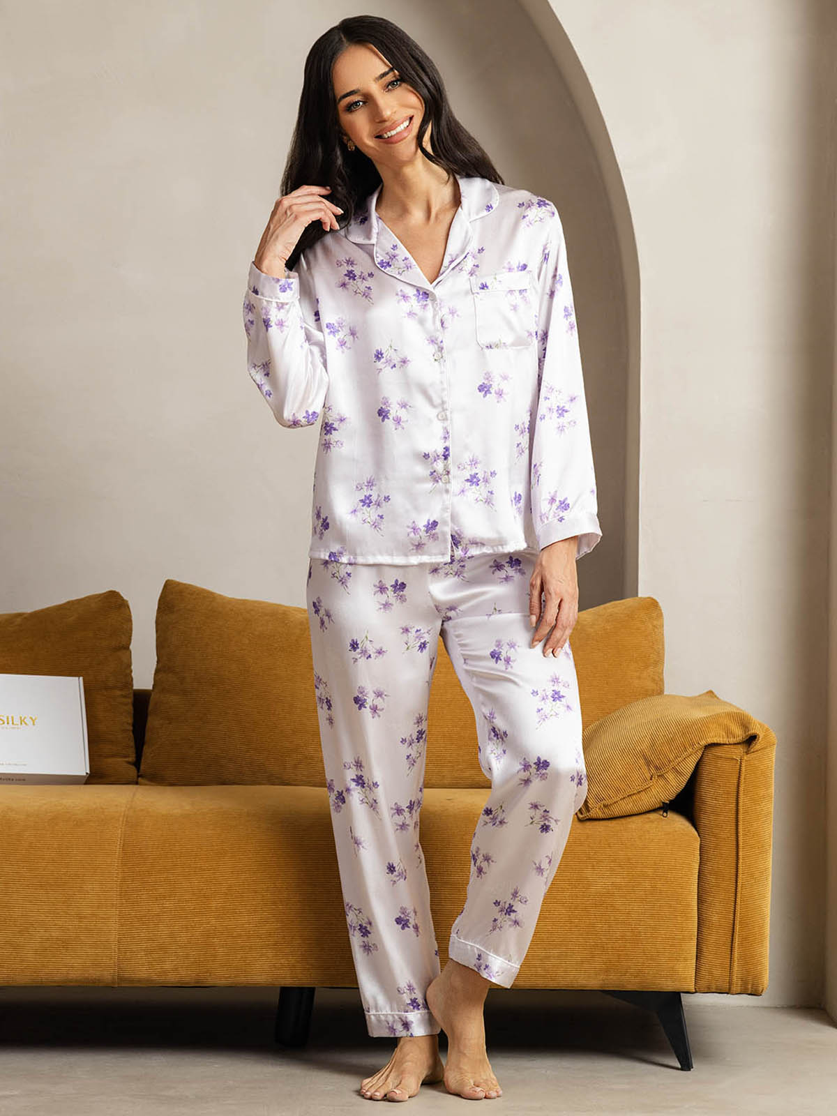 [Fliederblüte] SilkSilky-DE Reine Seide Womens Pajamas 003,
