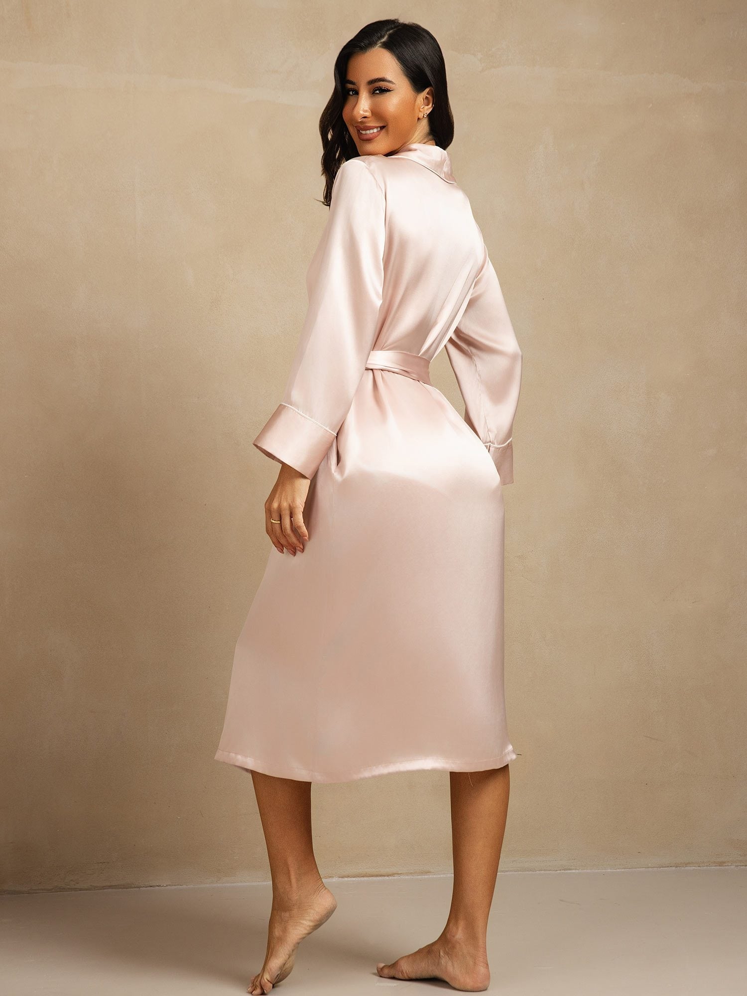 [Rosa] SilkSilky-DE Reine Seide Umlegekragen Damen Morgenmantel 002