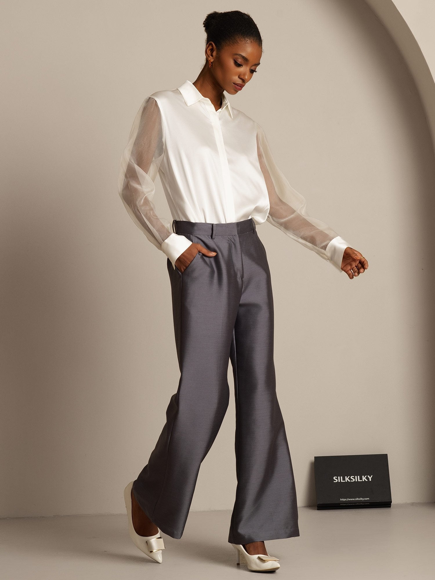 [Grau] SilkSilky-DE 32Momme Silk-Wool Blend Womens Pants 008,