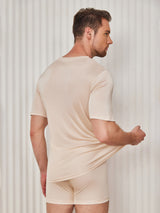 [Beige] SilkSilky-DE Kurzärmelig V Ausschnitt Herren T-Shirt 002