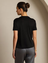 [Schwarz] SilkSilky-DE 100% Silk Jersey Short Sleeve Mock Neck T-Shirt 002
