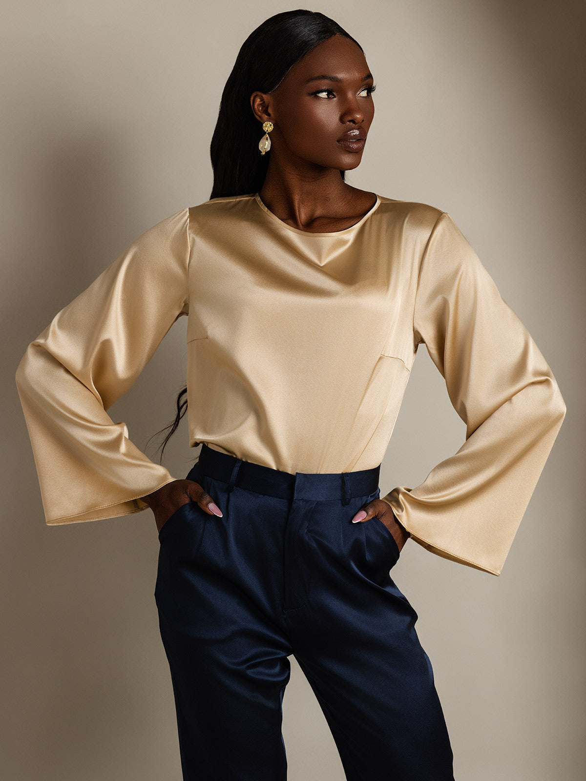 [Champagner] SilkSilky-DE 19Momme Seide Womens T-Shirt 004,