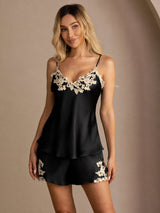 [Schwarz] SilkSilky-DE Sleeveless V Neck Camisole-Set 003