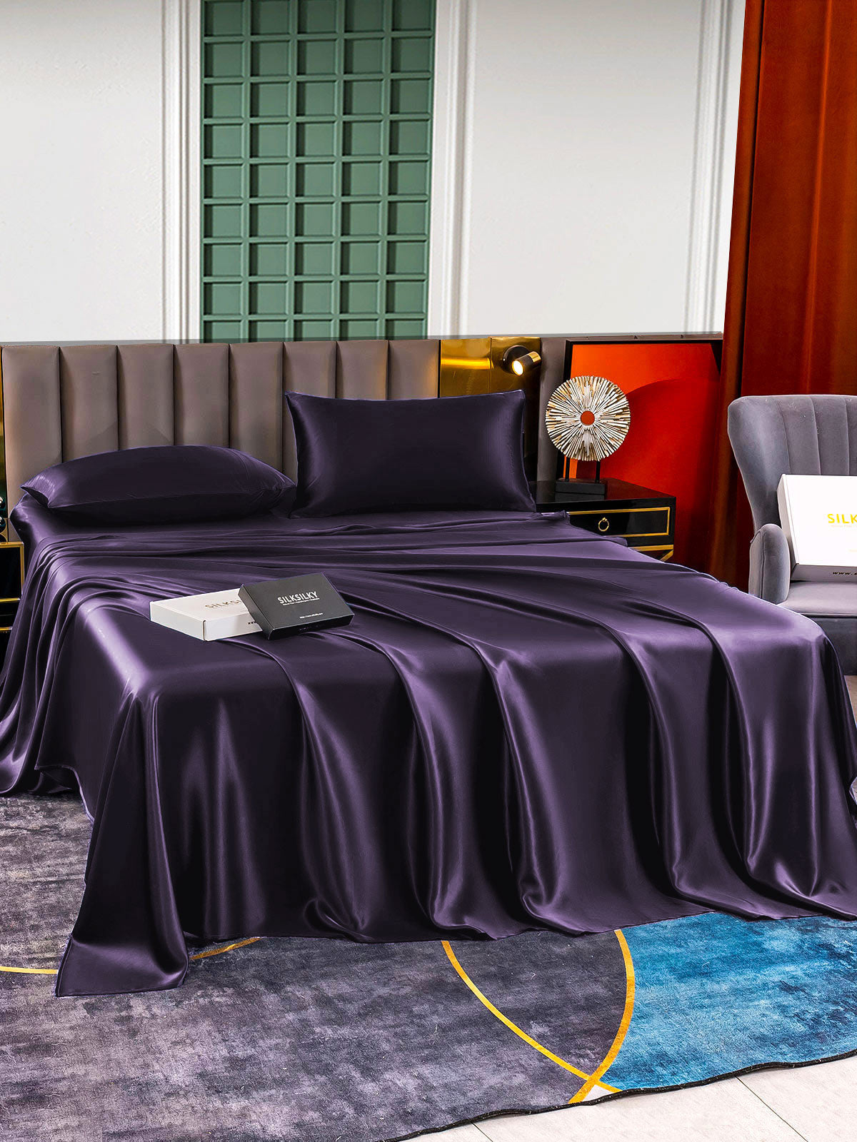 [Dunkelviolett] SilkSilky-DE 22Momme Reine Seide Bedding Set 006,