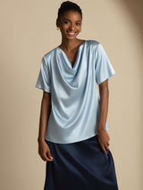 [Graublau] SilkSilky-DE Short Sleeve Cowl Neck Damenblusen 004
