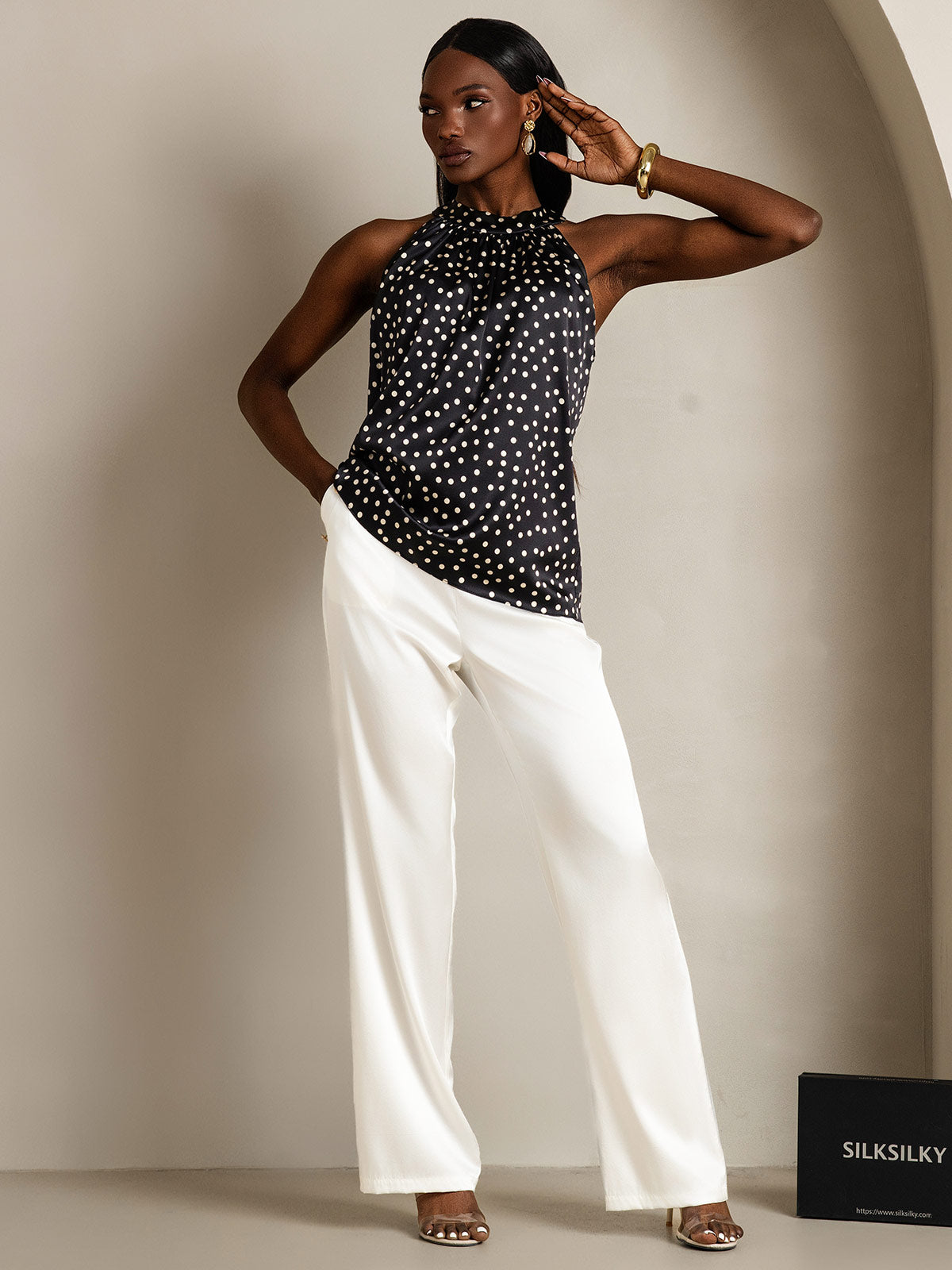 [Schwarz+Weiß] SilkSilky-DE 19Momme Seide Womens T-Shirt 006