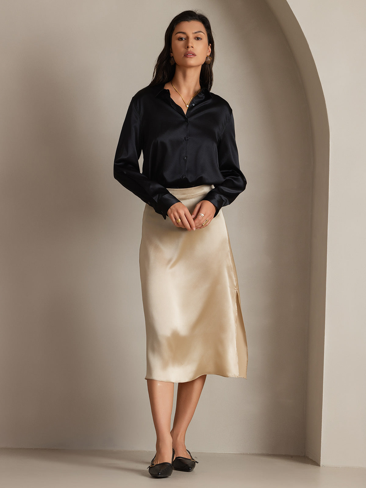 [Schwarz] SilkSilky-DE Seide Langärmelig Umlegekragen Damenhemd 007