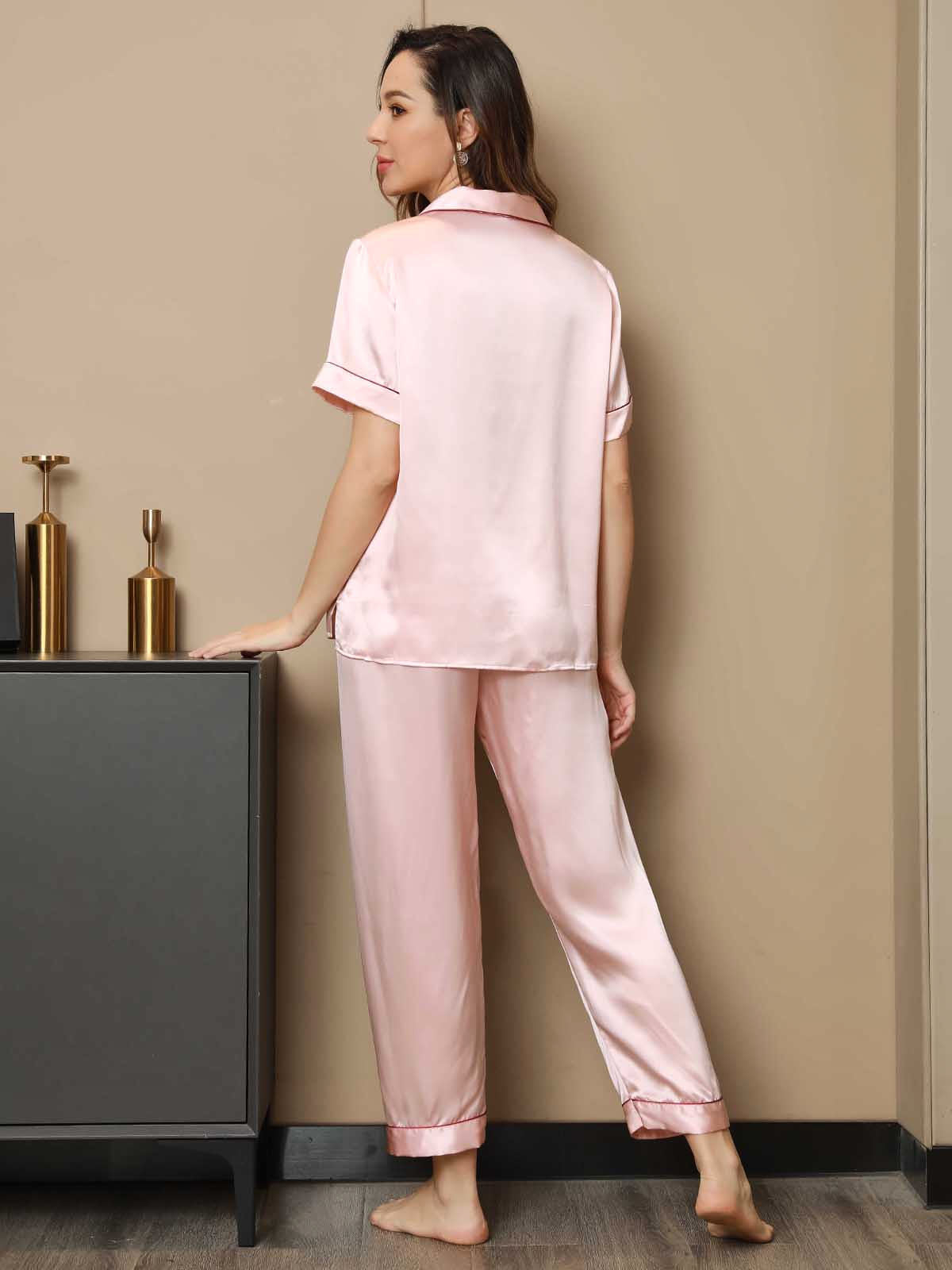 [Rosa] SilkSilky-DE Reine Seide Kurzärmelig Revers Damen Pyjamas 002
