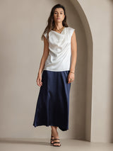 [Weiß] SilkSilky-DE Cap Sleeve Cowl Neck T-Shirt 007