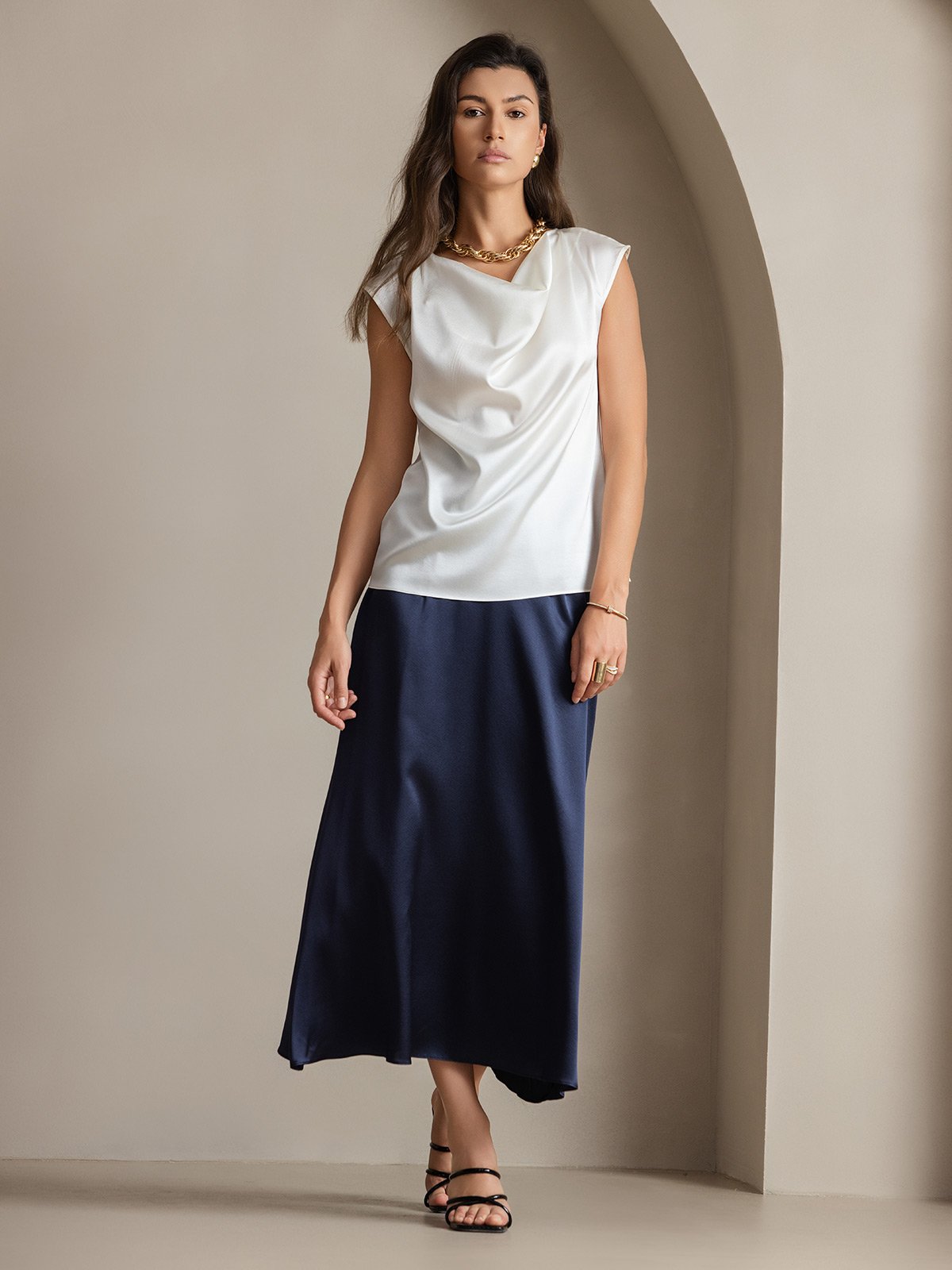 [Weiß] SilkSilky-DE 19Momme Seide Ärmellos Wasserfallausschnitt T-Shirt 007