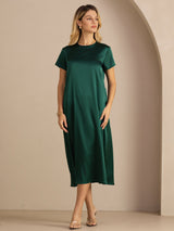 [Dunkelgrün] SilkSilky-DE Short Sleeve Round Neck Kleider 005