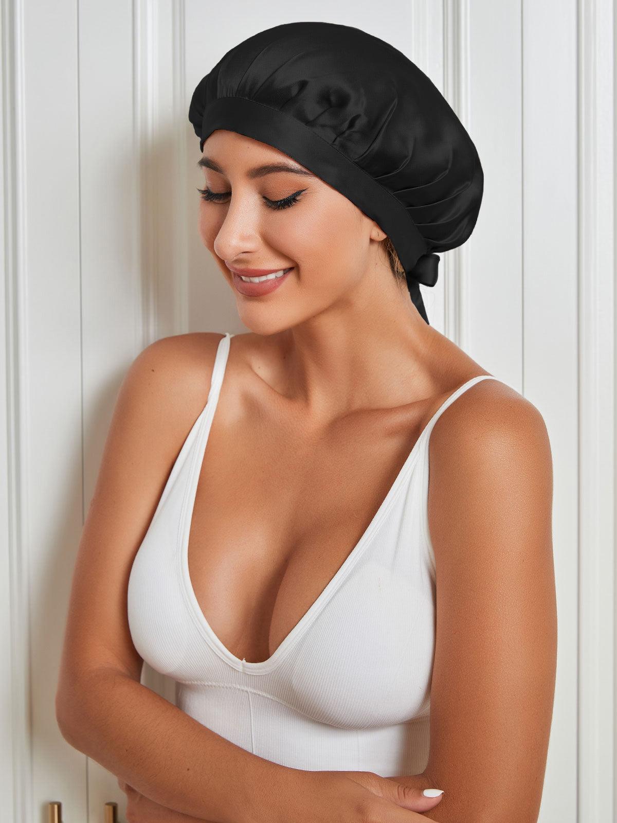 [Schwarz] SilkSilky-DE Reine Seide Sleep Cap 004
