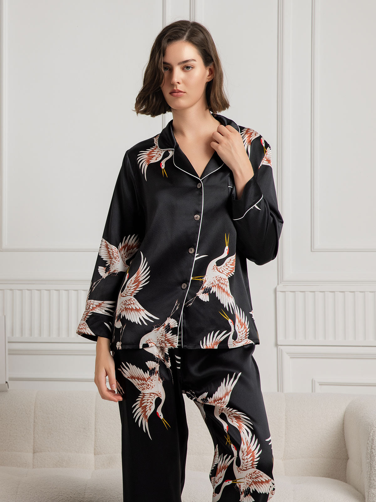 [Schwarz] SilkSilky-DE 19Momme Reine Seide Womens Pajamas 003
